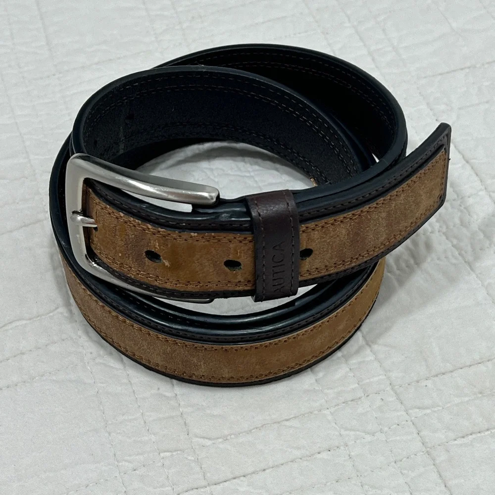 Nautica Mens Brown Tan Genuine Leather Belt Size 42 Silver Buckle 1712